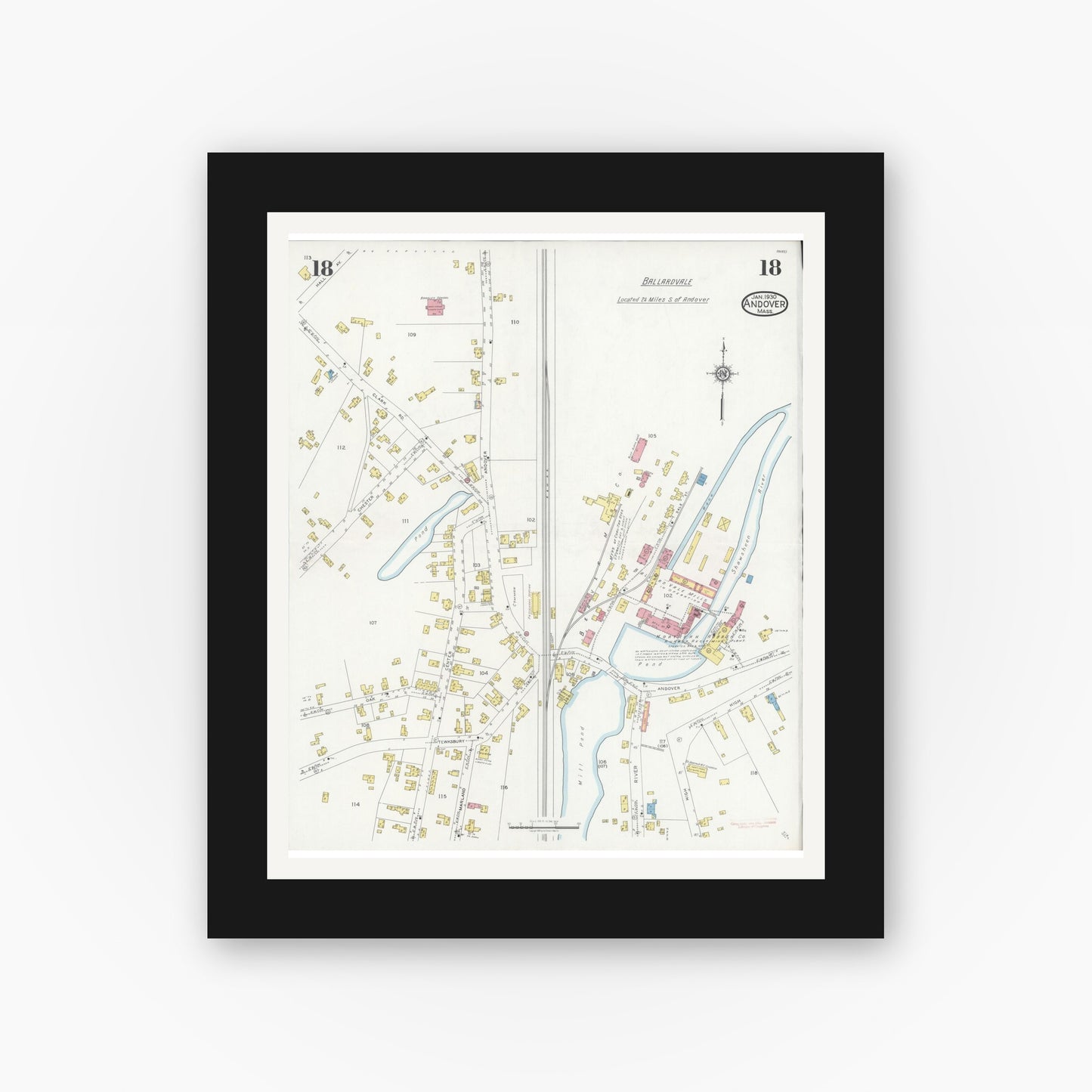 Old map wall art mockup — black gallery frame with white mat — Sanborn Fire Insurance Map from Andover, Essex County, Massachusetts (1930), Sheet #0018