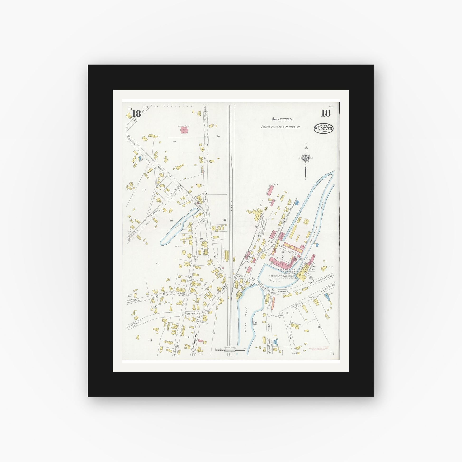 Old map wall art mockup — black gallery frame with white mat — Sanborn Fire Insurance Map from Andover, Essex County, Massachusetts (1930), Sheet #0018