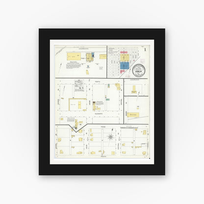 Old map wall art mockup — black gallery frame with white mat — Sanborn Fire Insurance Map from Hamlin, Jones County, Texas (1908), Sheet #0001