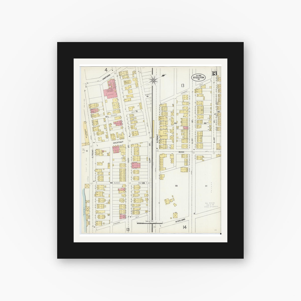 Old map wall art mockup — black gallery frame with white mat — Sanborn Fire Insurance Map from Steelton, Dauphin County, Pennsylvania (1902), Sheet #0013