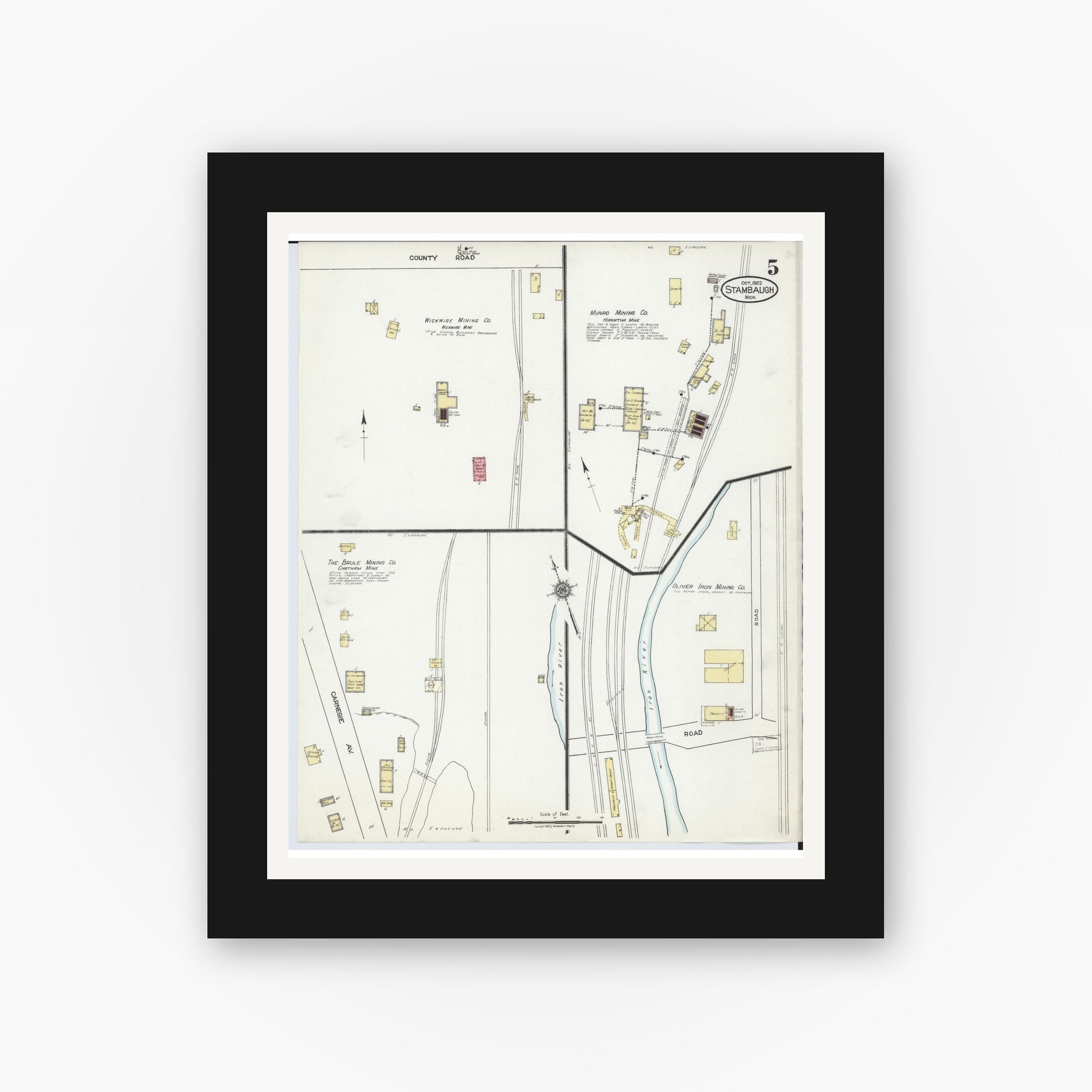 Old map wall art mockup — black gallery frame with white mat — Sanborn Fire Insurance Map from Stambaugh, Iron County, Michigan (1922), Sheet #0005