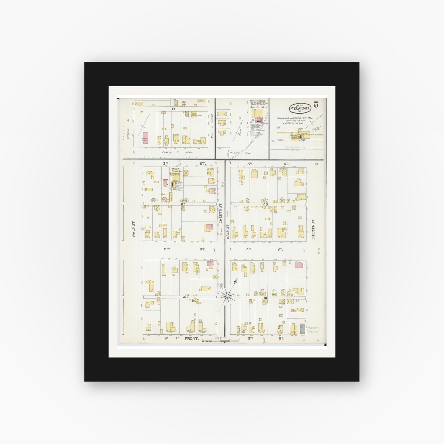 Old map wall art mockup — black gallery frame with white mat — Sanborn Fire Insurance Map from Mount Carmel, Wabash County, Illinois (1892), Sheet #0005