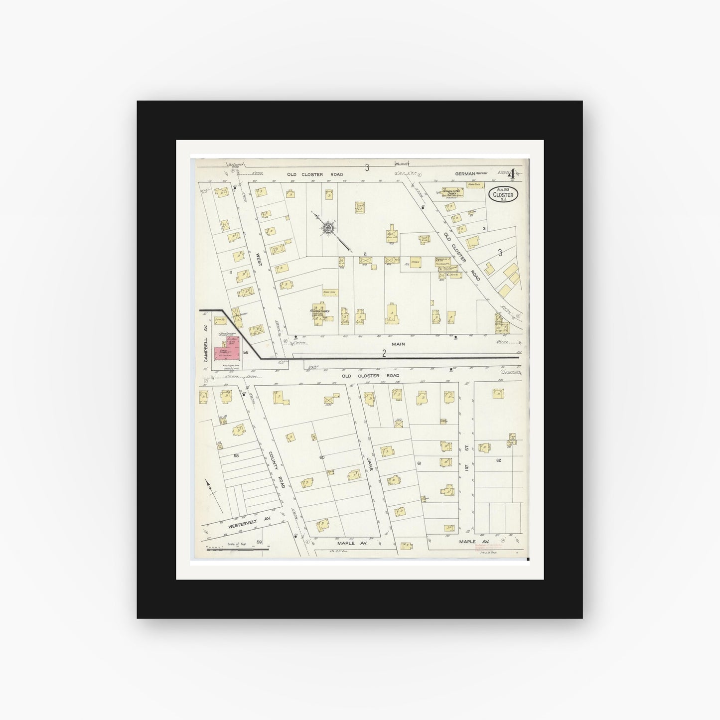 Old map wall art mockup — black gallery frame with white mat — Sanborn Fire Insurance Map from Closter, Bergen County, New Jersey (1913), Sheet #0004