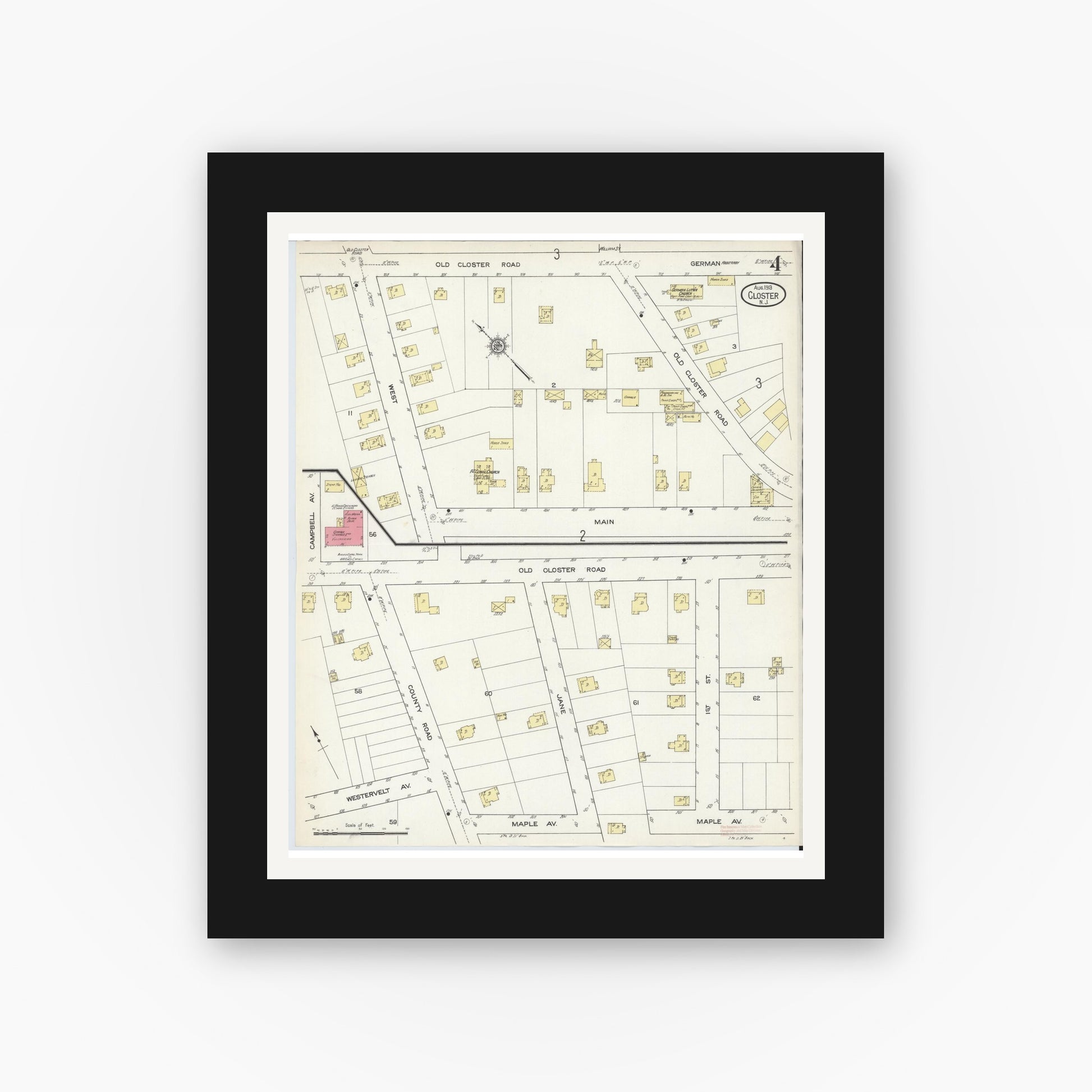Old map wall art mockup — black gallery frame with white mat — Sanborn Fire Insurance Map from Closter, Bergen County, New Jersey (1913), Sheet #0004