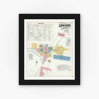 Old map wall art mockup — black gallery frame with white mat — Sanborn Fire Insurance Map from Lakewood, Ocean County, New Jersey (1916), Sheet #0001