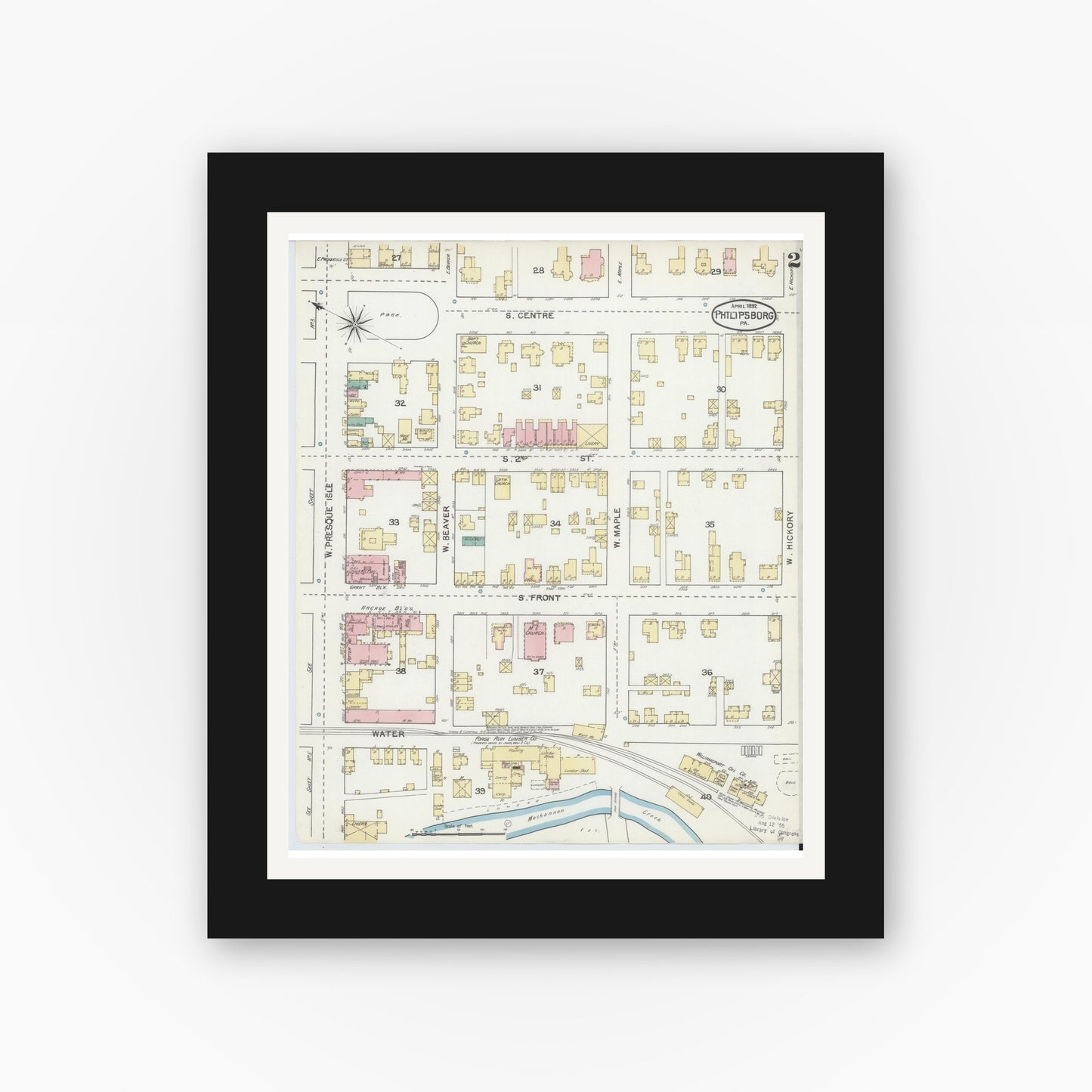Old map wall art mockup — black gallery frame with white mat — Sanborn Fire Insurance Map from Philipsburg, Centre County, Pennsylvania (1892), Sheet #0002
