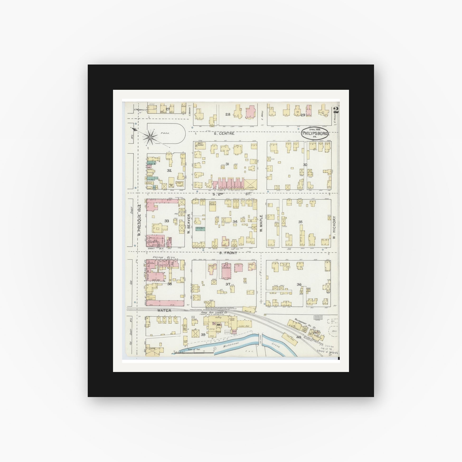Old map wall art mockup — black gallery frame with white mat — Sanborn Fire Insurance Map from Philipsburg, Centre County, Pennsylvania (1892), Sheet #0002