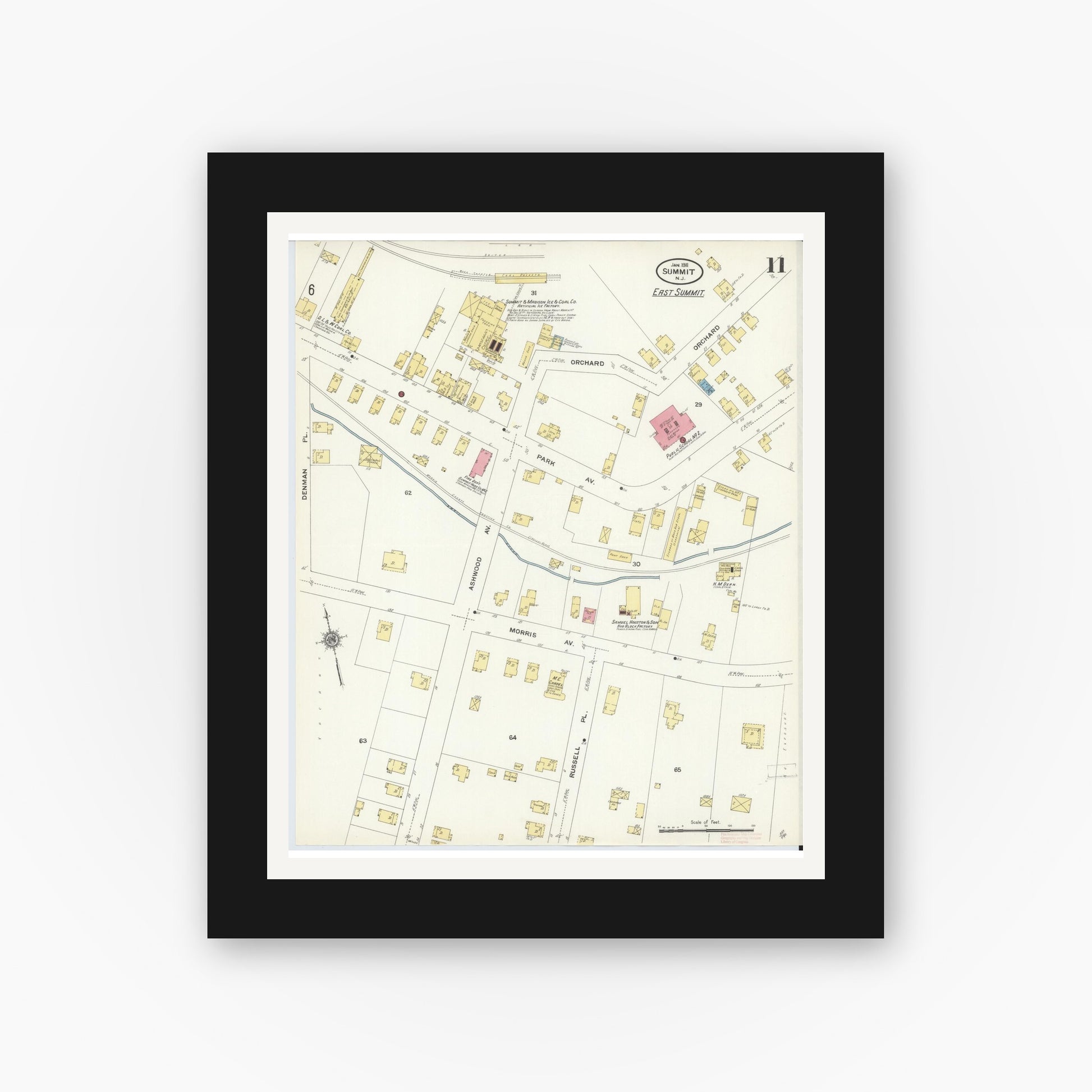 Old map wall art mockup — black gallery frame with white mat — Sanborn Fire Insurance Map from Summit, Union County, New Jersey (1911), Sheet #0011