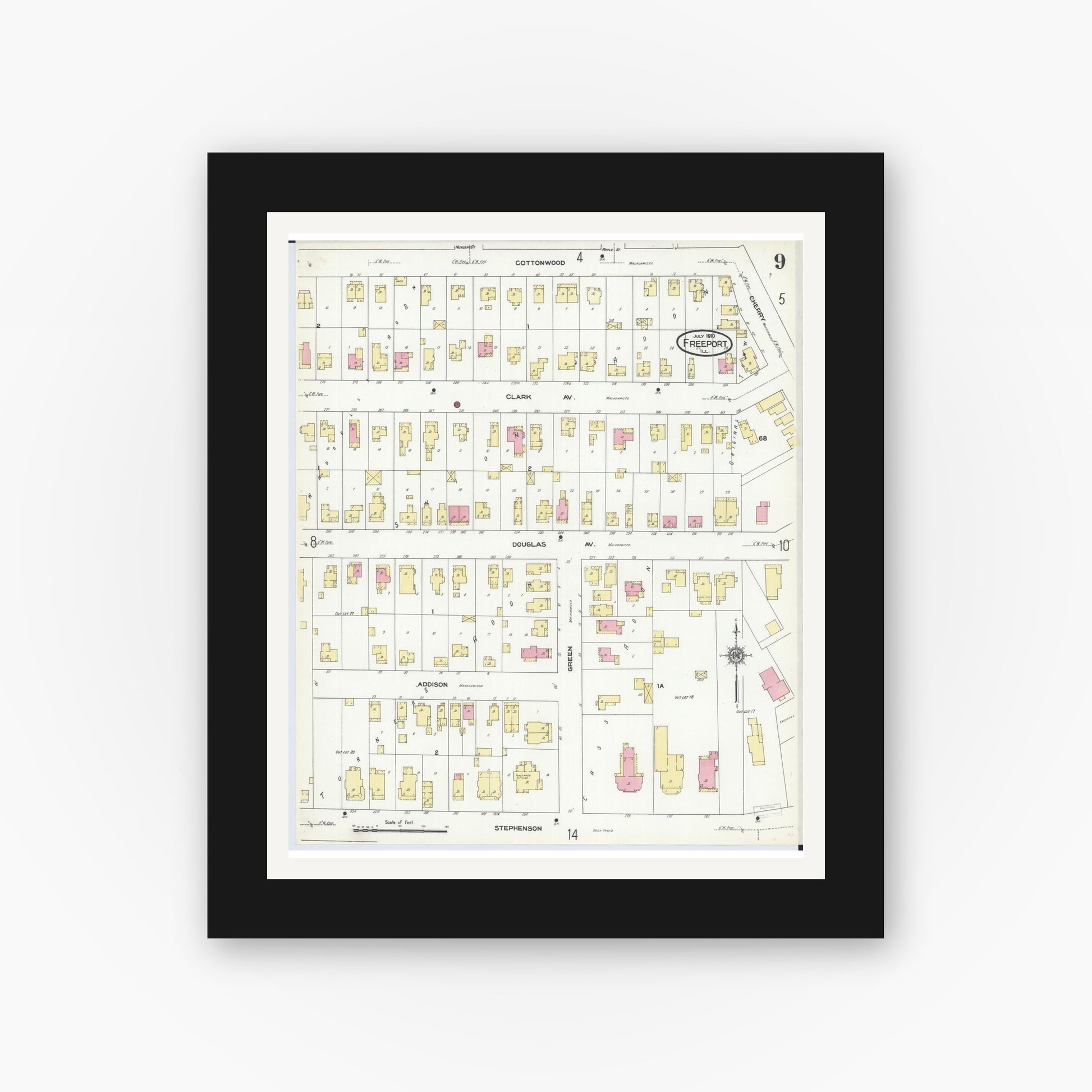 Old map wall art mockup — black gallery frame with white mat — Sanborn Fire Insurance Map from Freeport, Stephenson County, Illinois (1910), Sheet #0009