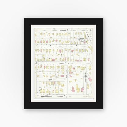 Old map wall art mockup — black gallery frame with white mat — Sanborn Fire Insurance Map from Freeport, Stephenson County, Illinois (1910), Sheet #0009