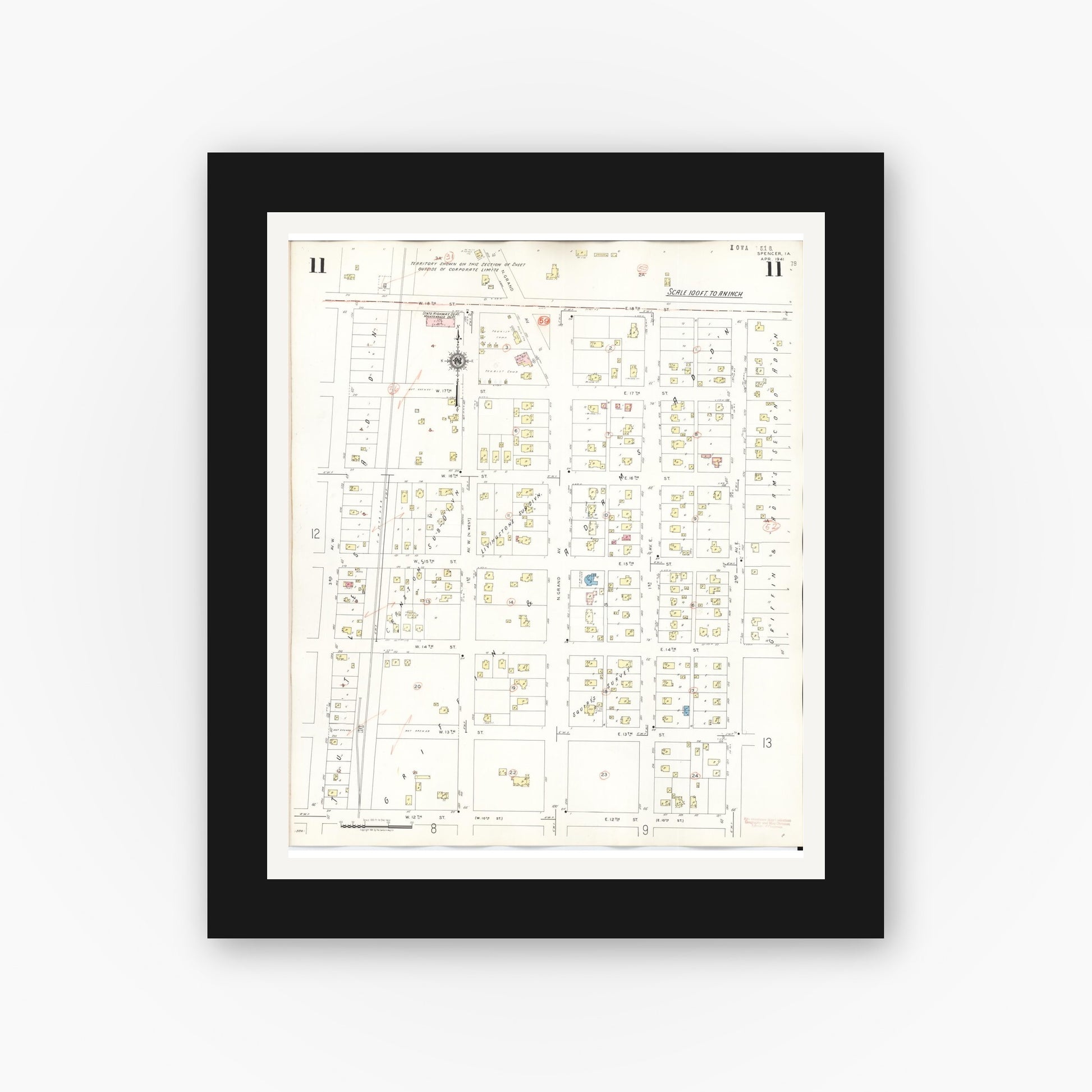 Old map wall art mockup — black gallery frame with white mat — Sanborn Fire Insurance Map from Spencer, Clay County, Iowa (1946), Sheet #0011