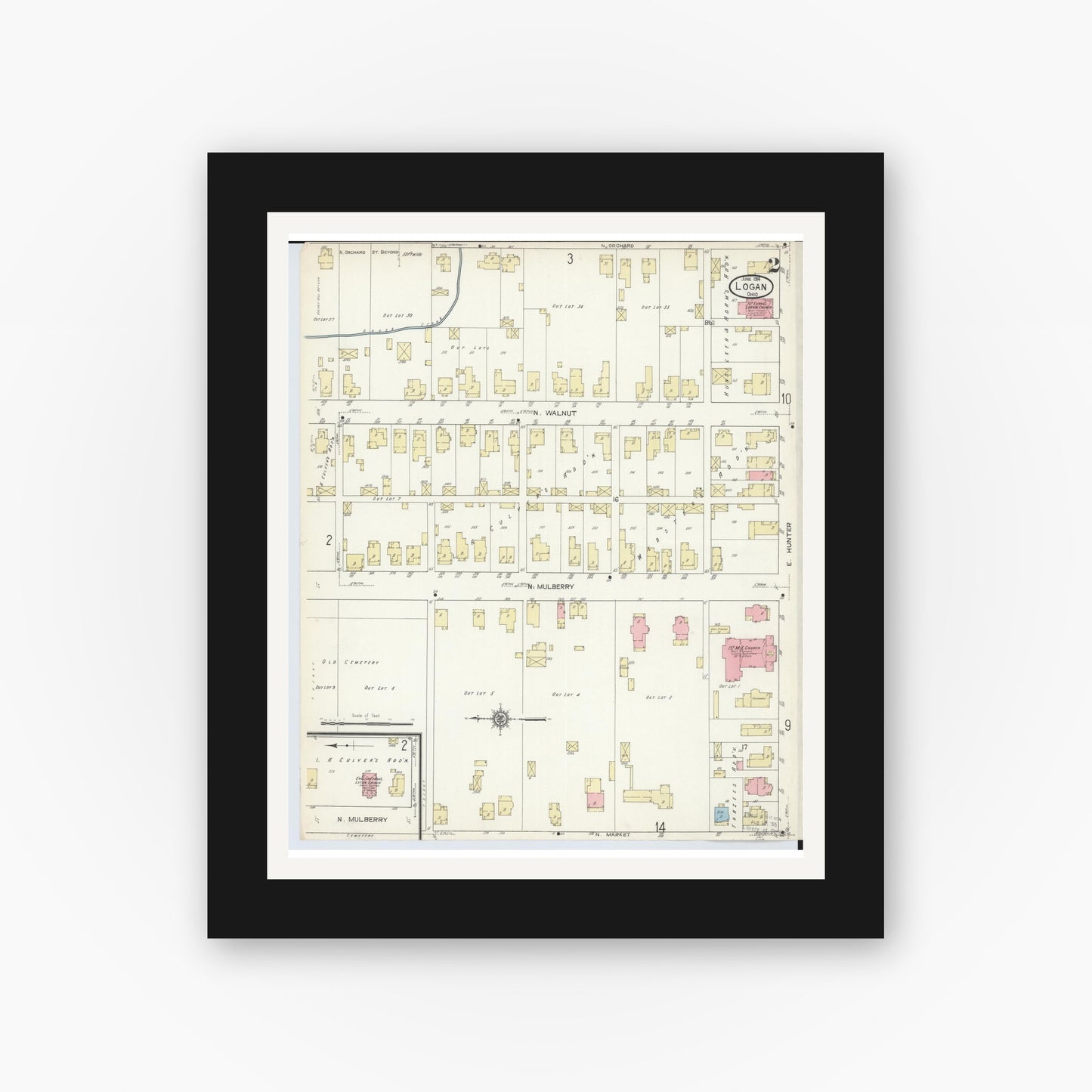 Old map wall art mockup — black gallery frame with white mat — Sanborn Fire Insurance Map from Logan, Hocking County, Ohio (1914), Sheet #0002
