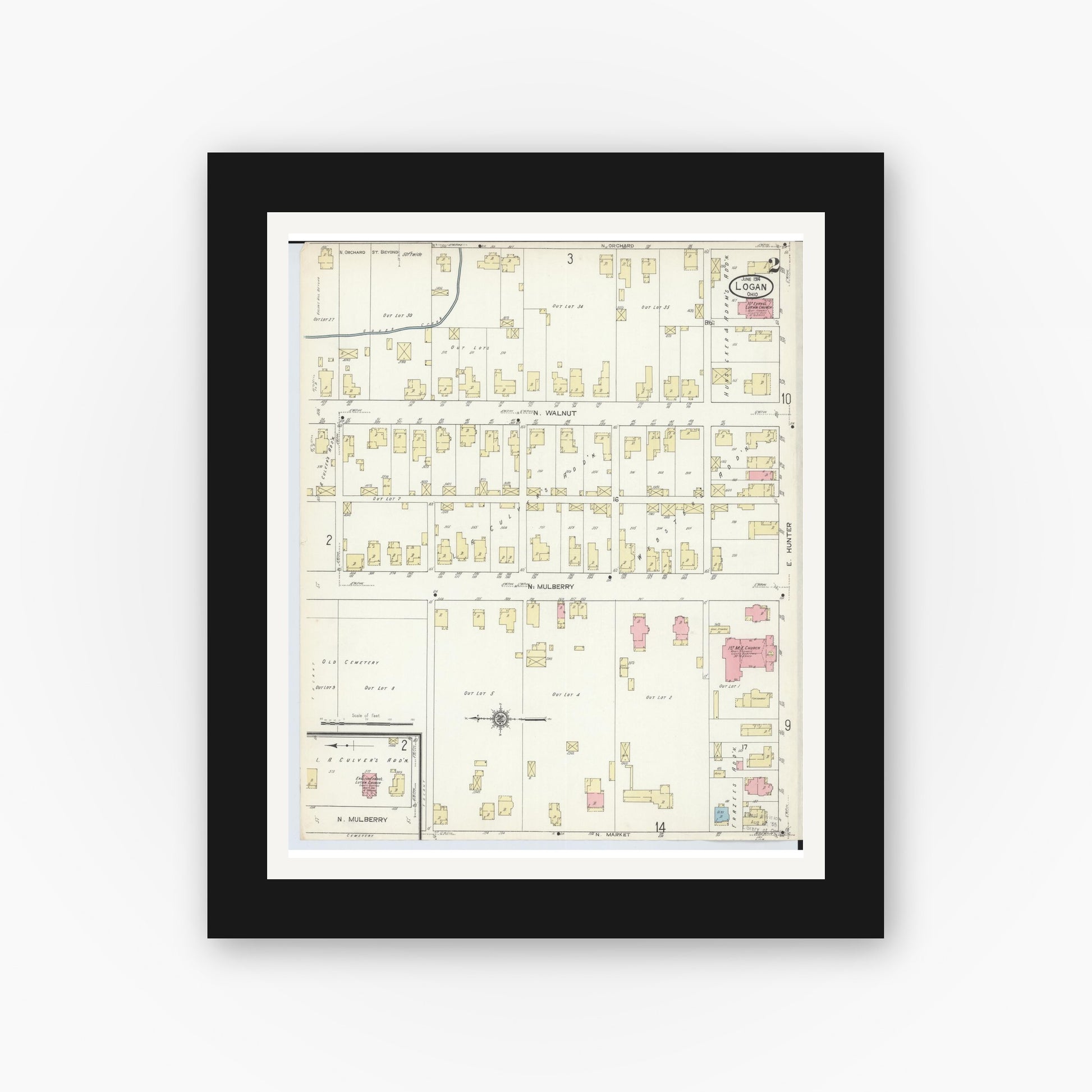 Old map wall art mockup — black gallery frame with white mat — Sanborn Fire Insurance Map from Logan, Hocking County, Ohio (1914), Sheet #0002