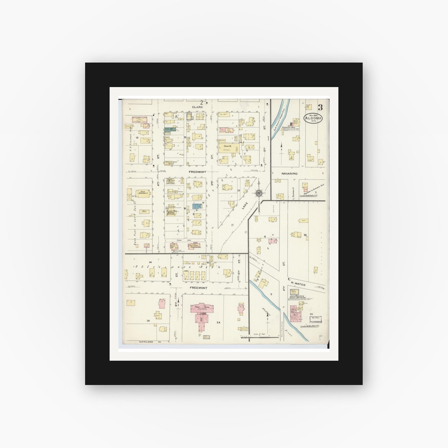 Old map wall art mockup — black gallery frame with white mat — Sanborn Fire Insurance Map from Algoma, Kewaunee County, Wisconsin (1909), Sheet #0003
