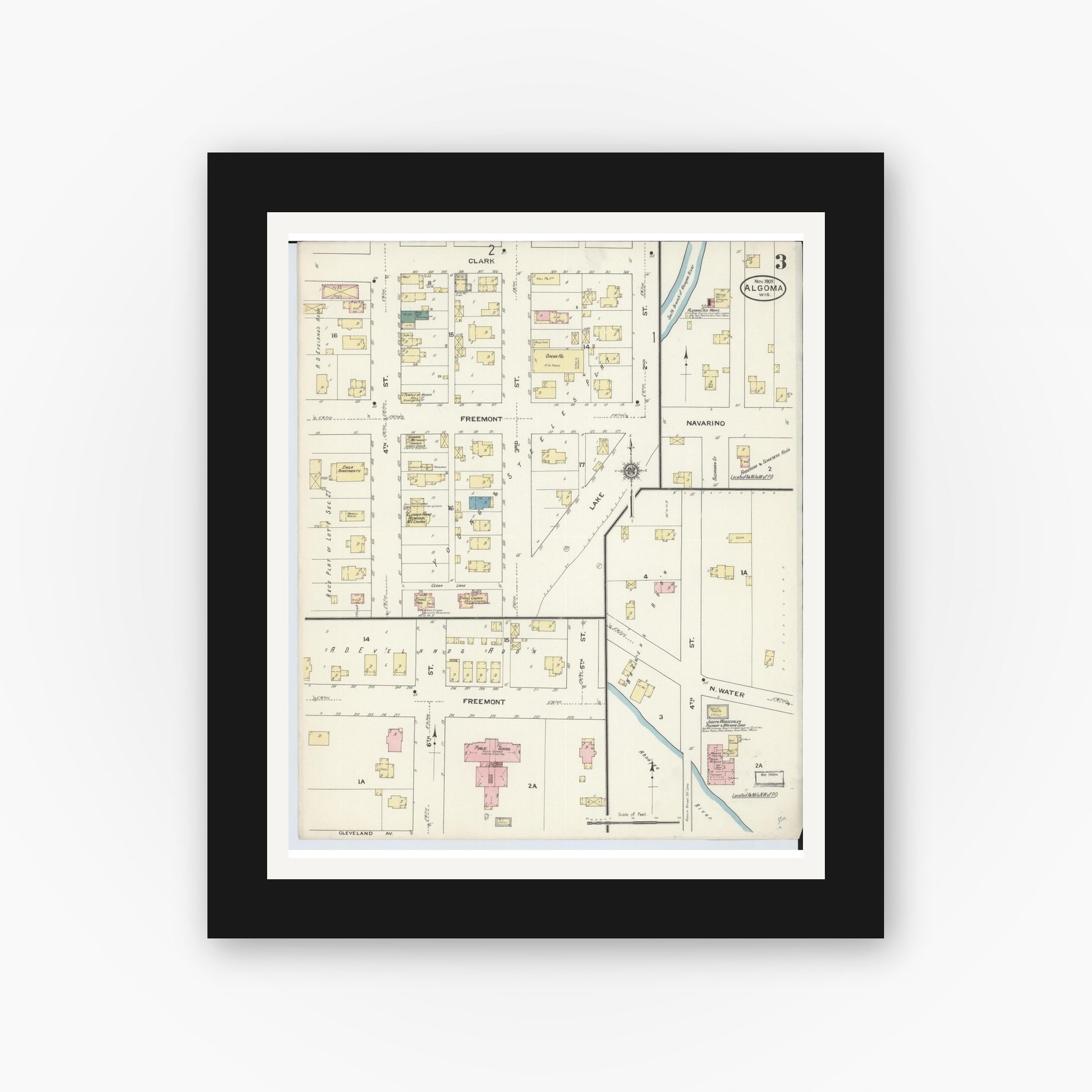 Old map wall art mockup — black gallery frame with white mat — Sanborn Fire Insurance Map from Algoma, Kewaunee County, Wisconsin (1909), Sheet #0003