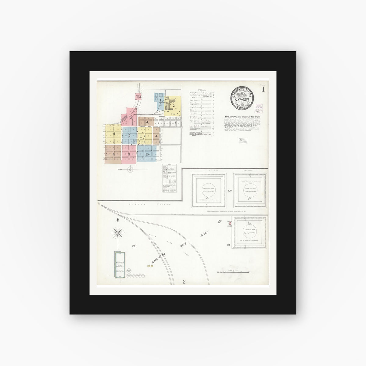 Old map wall art mockup — black gallery frame with white mat — Sanborn Fire Insurance Map from Oxnard, Ventura County, California (1903) - Complete Map Set