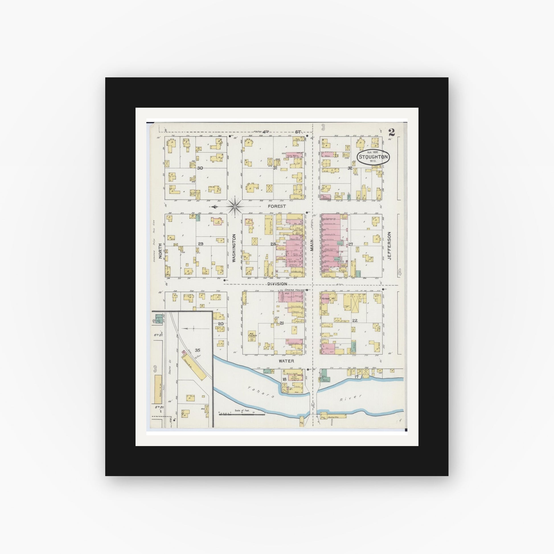 Old map wall art mockup — black gallery frame with white mat — Sanborn Fire Insurance Map from Stoughton, Dane County, Wisconsin (1892), Sheet #0002