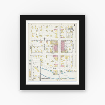 Old map wall art mockup — black gallery frame with white mat — Sanborn Fire Insurance Map from Stoughton, Dane County, Wisconsin (1892), Sheet #0002