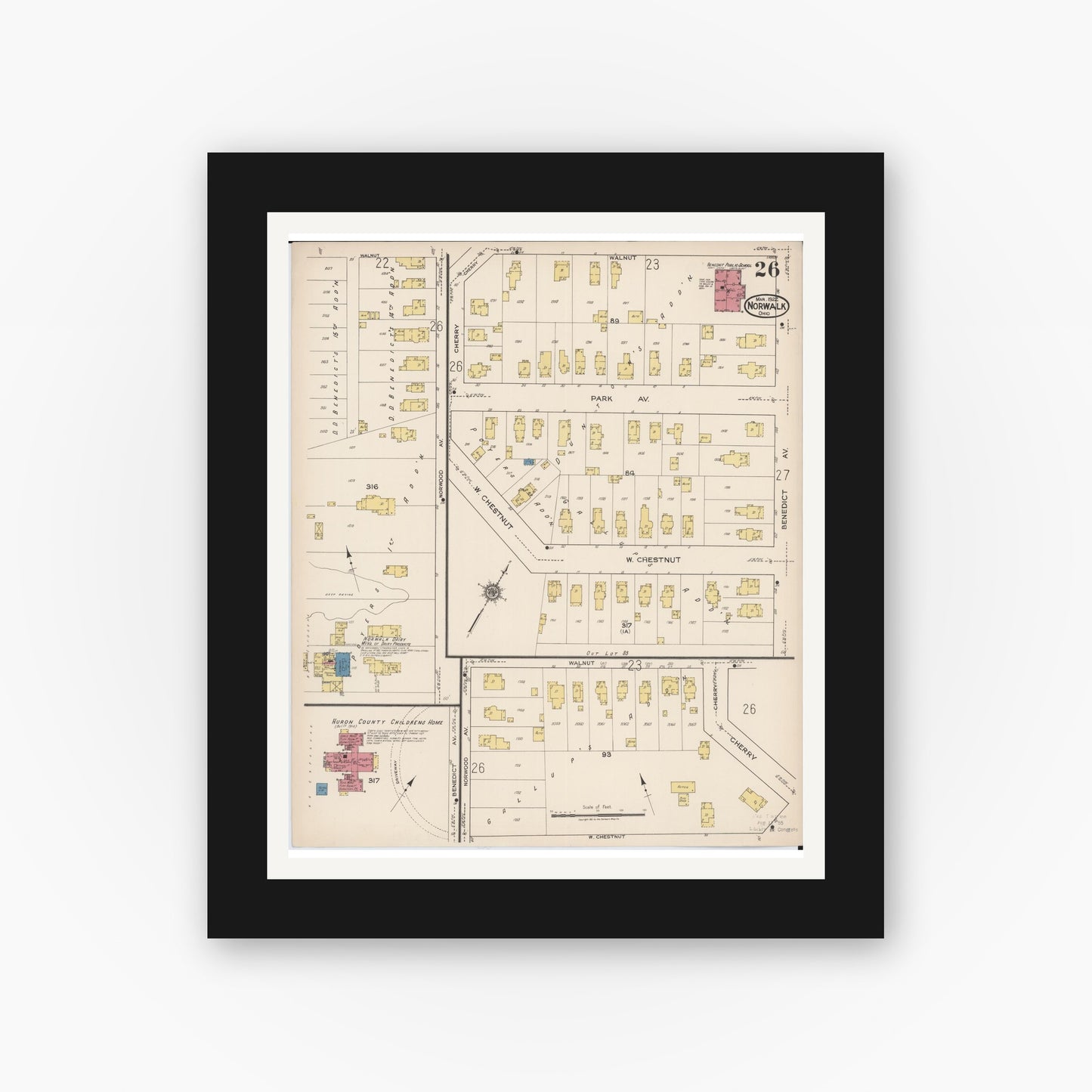 Old map wall art mockup — black gallery frame with white mat — Sanborn Fire Insurance Map from Norwalk, Huron County, Ohio (1922), Sheet #0026