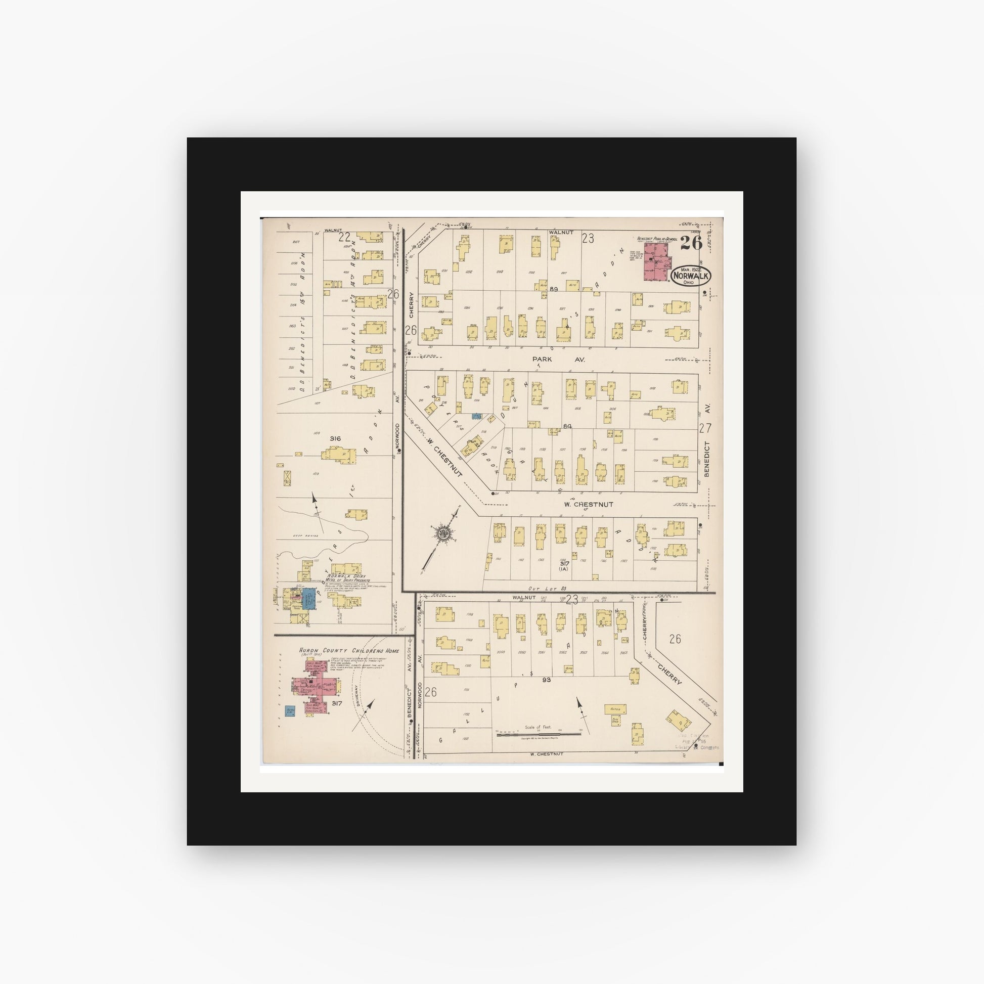 Old map wall art mockup — black gallery frame with white mat — Sanborn Fire Insurance Map from Norwalk, Huron County, Ohio (1922), Sheet #0026