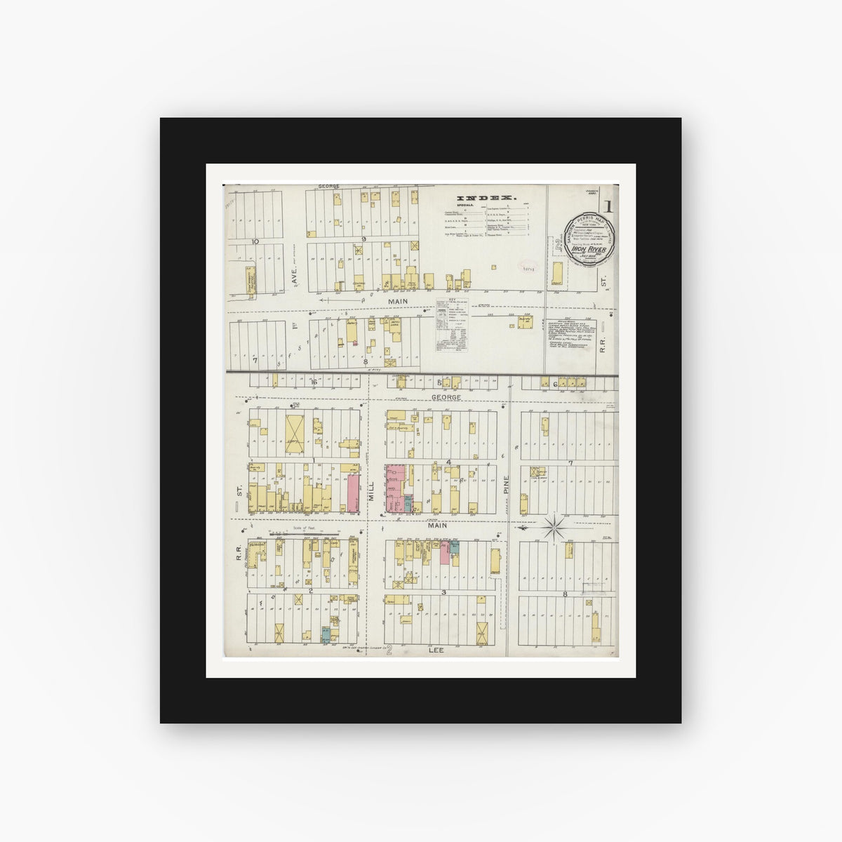 Old map wall art mockup — black gallery frame with white mat — Sanborn Fire Insurance Map from Iron River, Bayfield County, Wisconsin (1893) - Complete Map Set