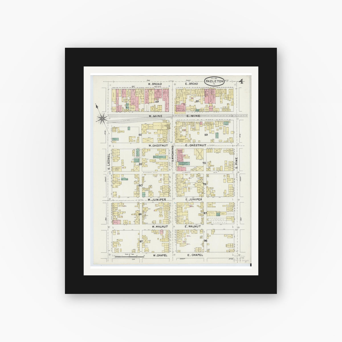 Old map wall art mockup — black gallery frame with white mat — Sanborn Fire Insurance Map from Hazleton, Luzerne County, Pennsylvania (1891), Sheet #0004