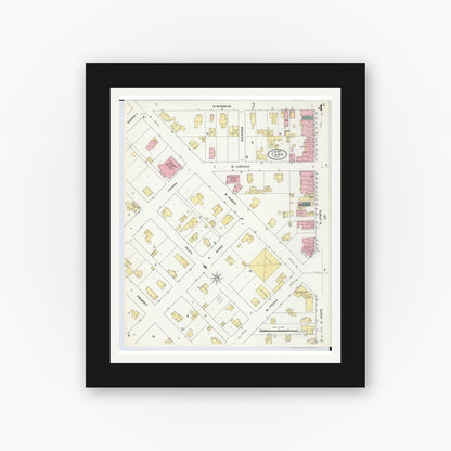 Old map wall art mockup — black gallery frame with white mat — Sanborn Fire Insurance Map from Caro, Tuscola County, Michigan (1909), Sheet #0004