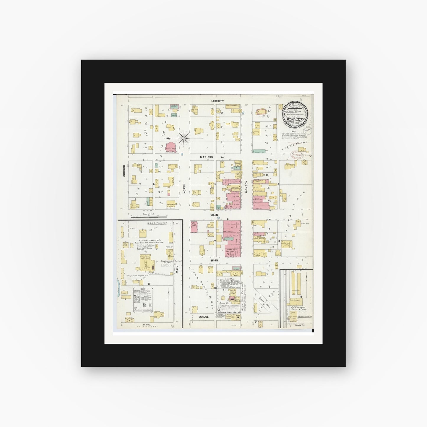 Old map wall art mockup — black gallery frame with white mat — Sanborn Fire Insurance Map from West Unity, Williams County, Ohio (1899), Sheet #0001