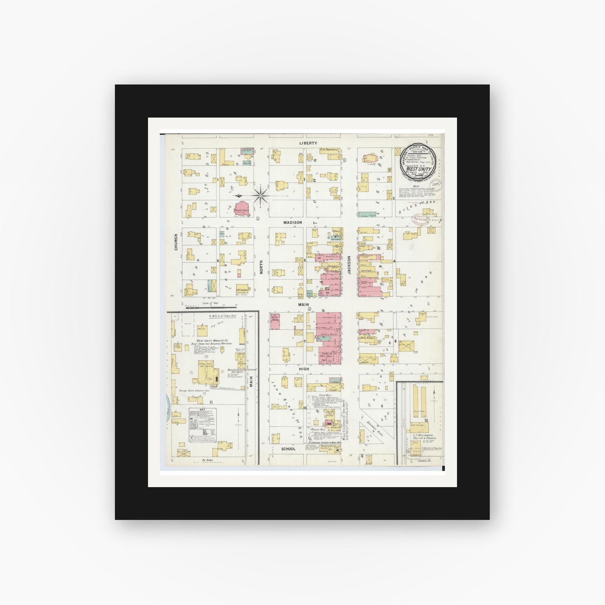 Old map wall art mockup — black gallery frame with white mat — Sanborn Fire Insurance Map from West Unity, Williams County, Ohio (1899), Sheet #0001