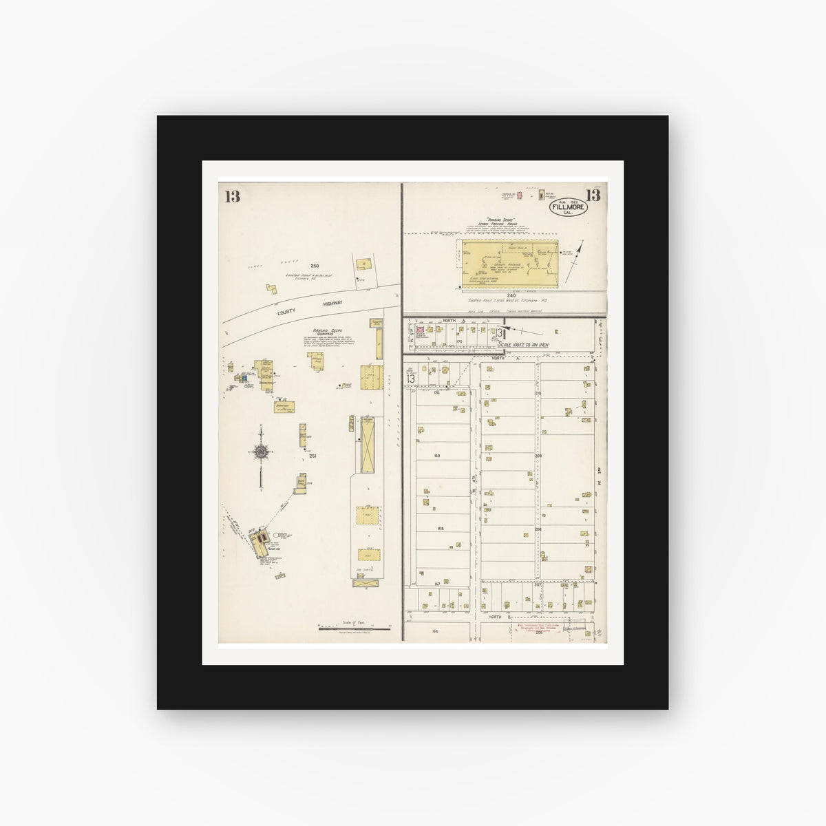 Old map wall art mockup — black gallery frame with white mat — Sanborn Fire Insurance Map from Fillmore, Ventura County, California (1923), Sheet #0013