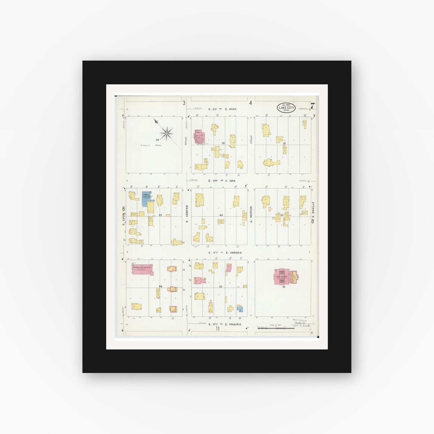 Old map wall art mockup — black gallery frame with white mat — Sanborn Fire Insurance Map from Lake City, Wabasha County, Minnesota (1909), Sheet #0007