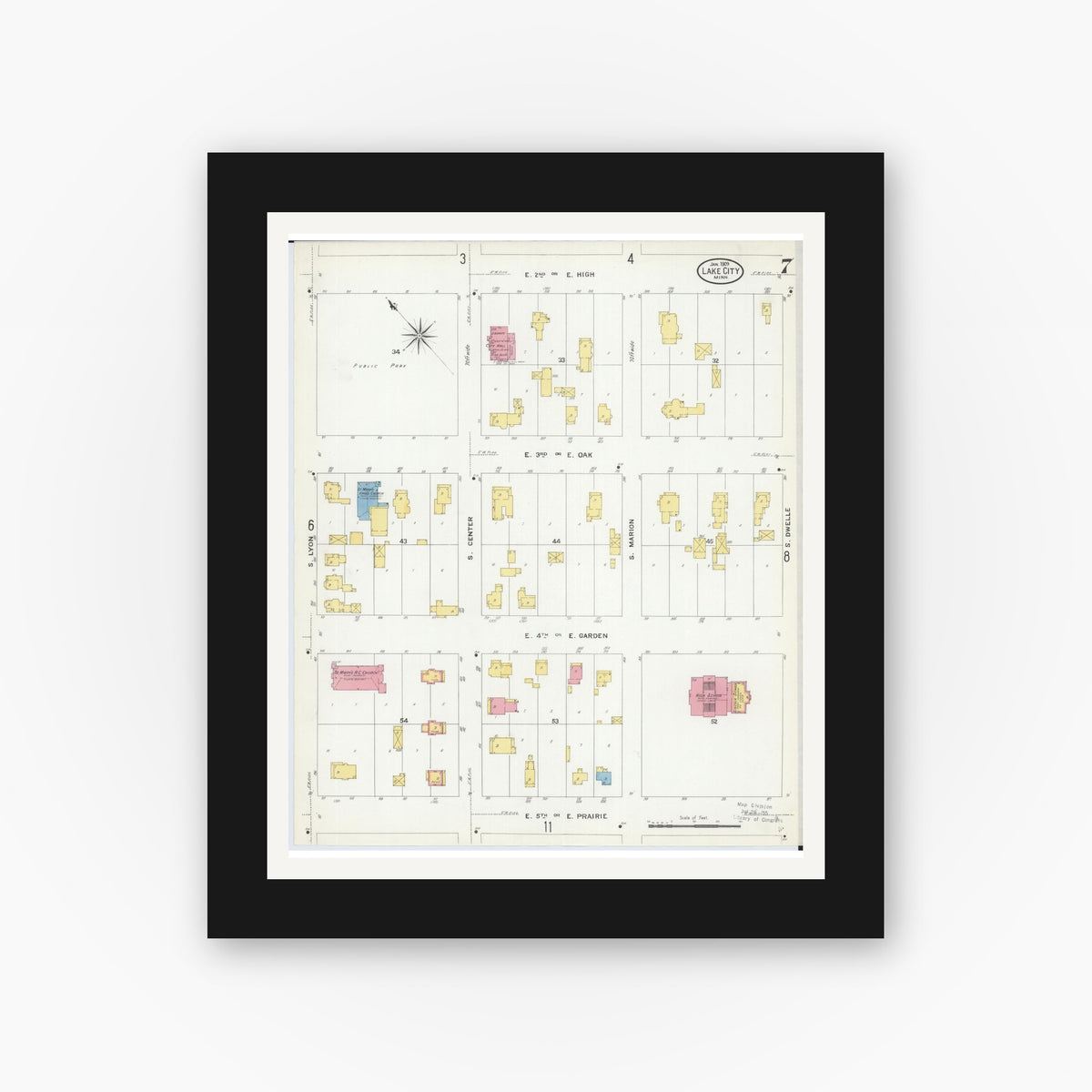 Old map wall art mockup — black gallery frame with white mat — Sanborn Fire Insurance Map from Lake City, Wabasha County, Minnesota (1909), Sheet #0007