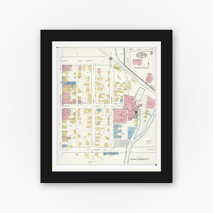 Old map wall art mockup — black gallery frame with white mat — Sanborn Fire Insurance Map from Rochester, Oakland County, Michigan (1919), Sheet #0003