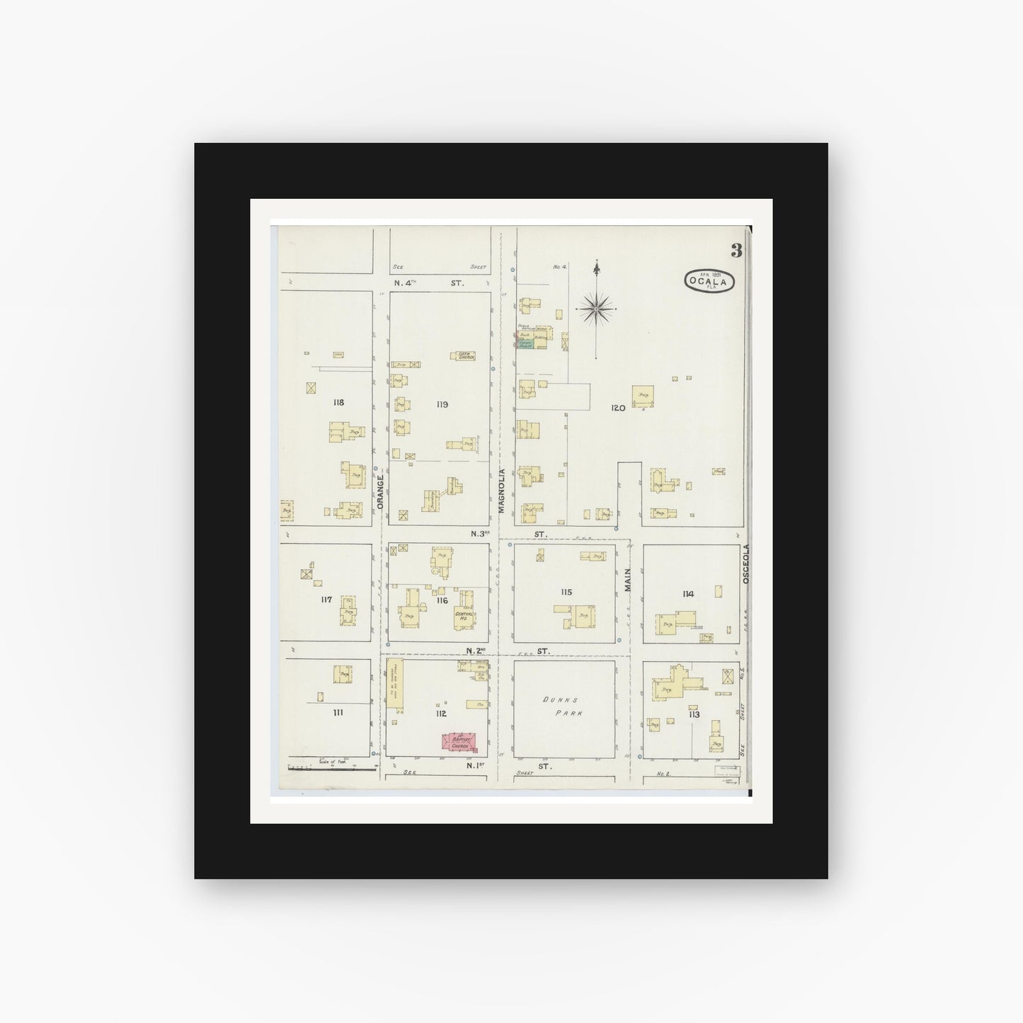 Old map wall art mockup — black gallery frame with white mat — Sanborn Fire Insurance Map from Ocala, Marion County, Florida (1891), Sheet #0003