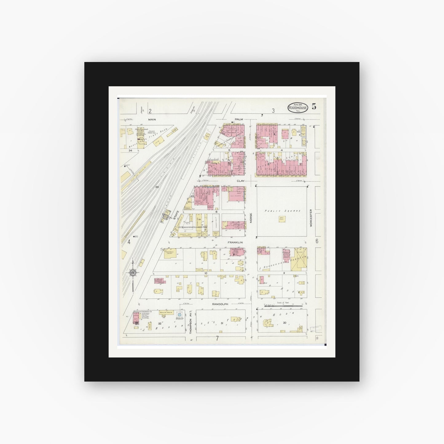 Old map wall art mockup — black gallery frame with white mat — Sanborn Fire Insurance Map from Roodhouse, Greene County, Illinois (1914), Sheet #0005