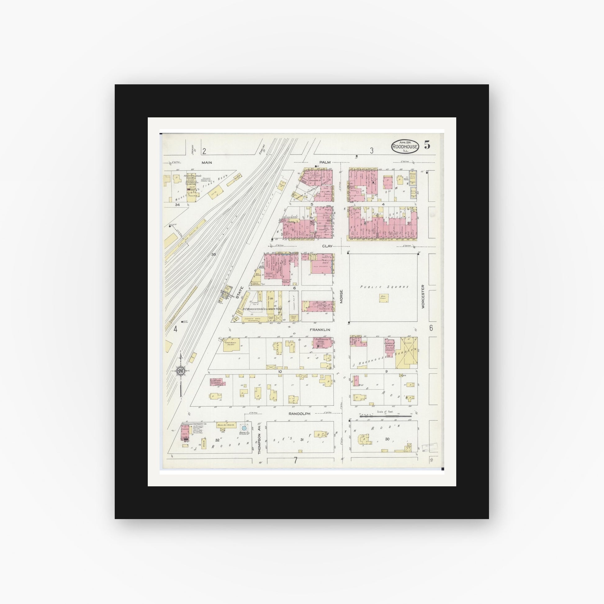 Old map wall art mockup — black gallery frame with white mat — Sanborn Fire Insurance Map from Roodhouse, Greene County, Illinois (1914), Sheet #0005