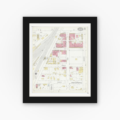 Old map wall art mockup — black gallery frame with white mat — Sanborn Fire Insurance Map from Roodhouse, Greene County, Illinois (1914), Sheet #0005