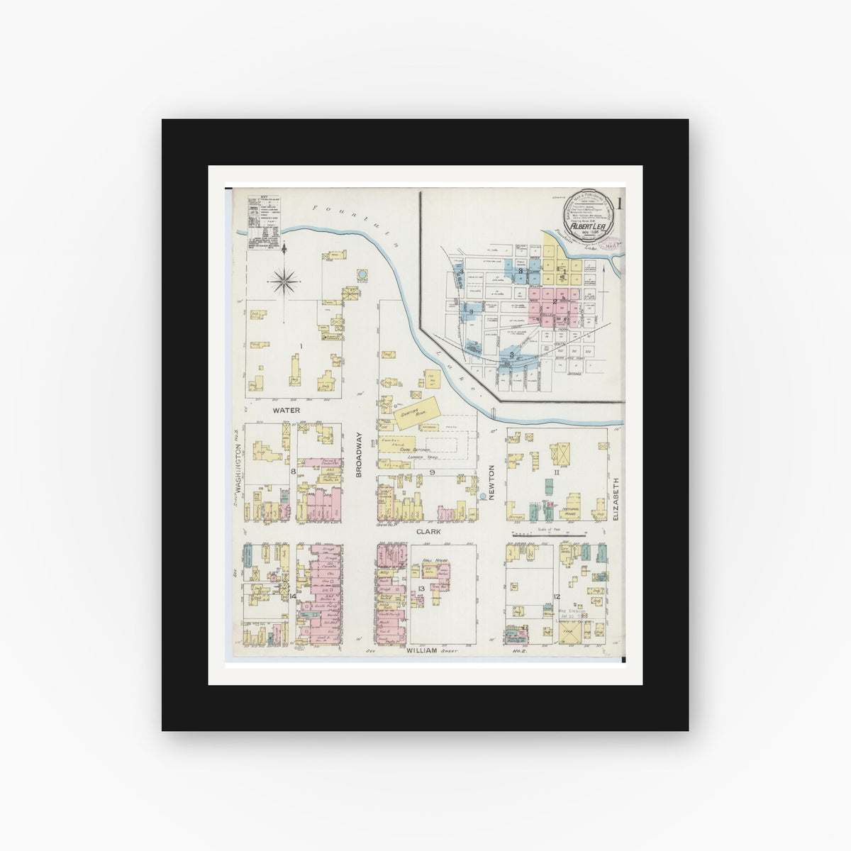 Old map wall art mockup — black gallery frame with white mat — Sanborn Fire Insurance Map from Albert Lea, Freeborn County, Minnesota (1886) - Complete Map Set