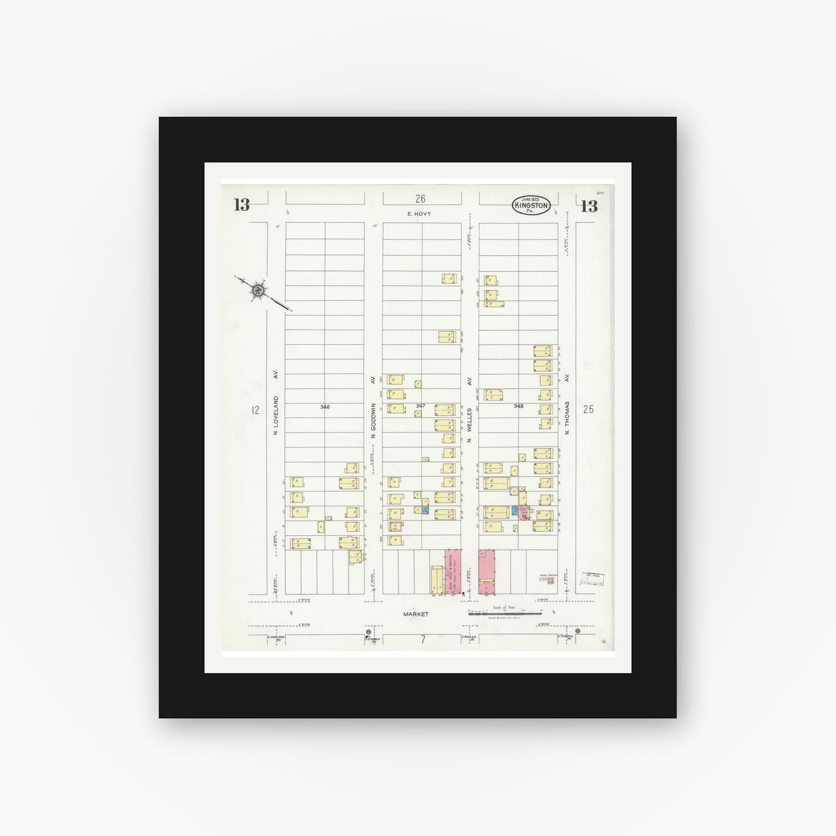Old map wall art mockup — black gallery frame with white mat — Sanborn Fire Insurance Map from Kingston, Luzerne County, Pennsylvania (1925), Sheet #0013