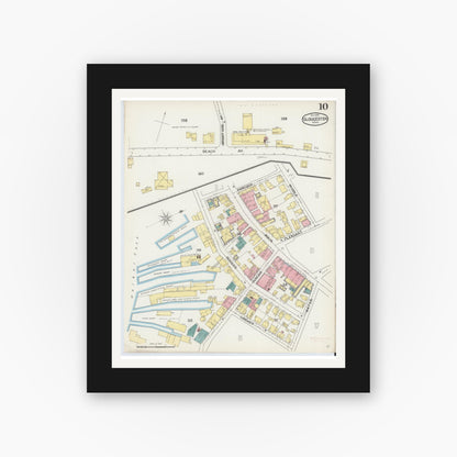 Old map wall art mockup — black gallery frame with white mat — Sanborn Fire Insurance Map from Gloucester, Essex County, Massachusetts (1892), Sheet #0010