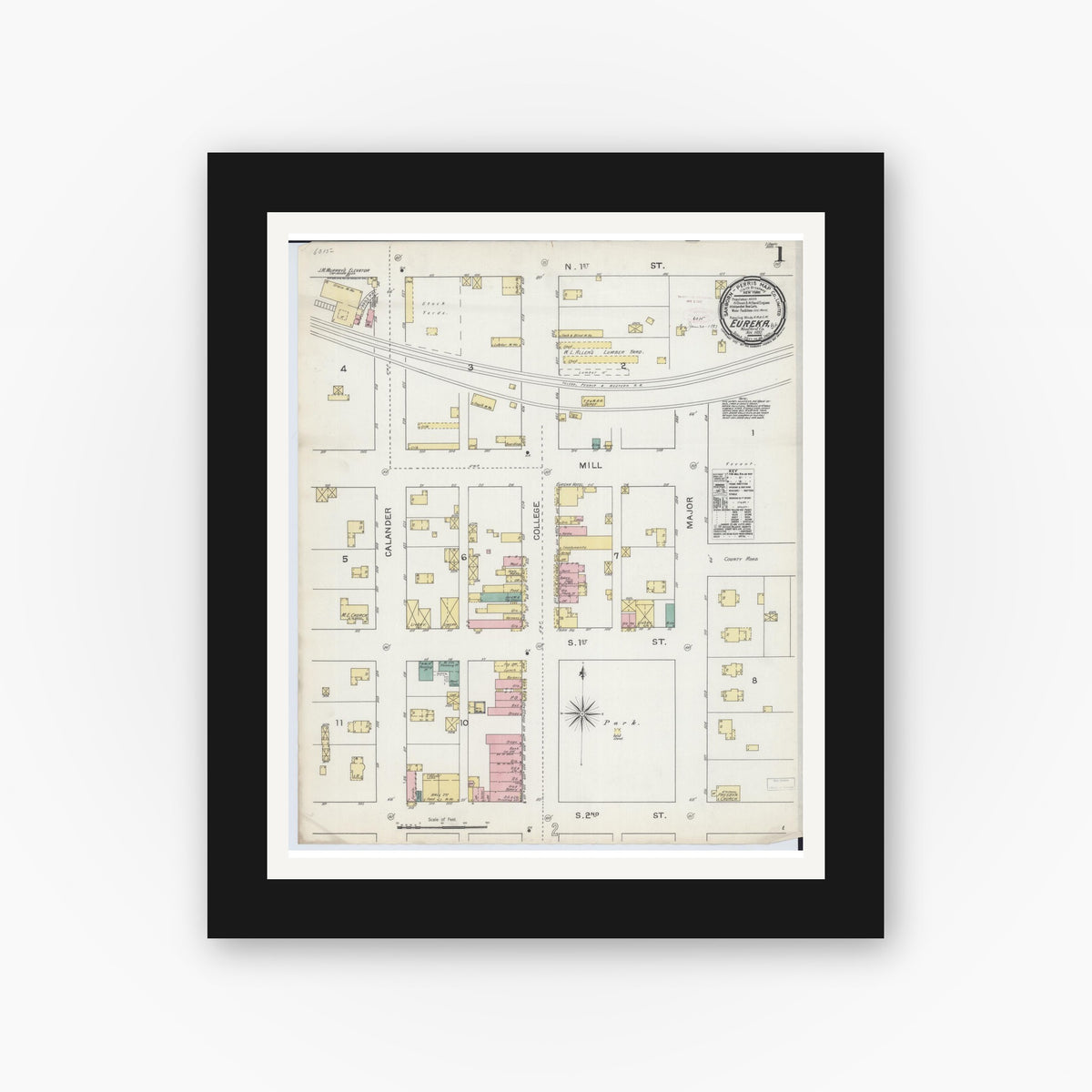 Old map wall art mockup — black gallery frame with white mat — Sanborn Fire Insurance Map from Eureka, Woodford County, Illinois (1892), Sheet #0001