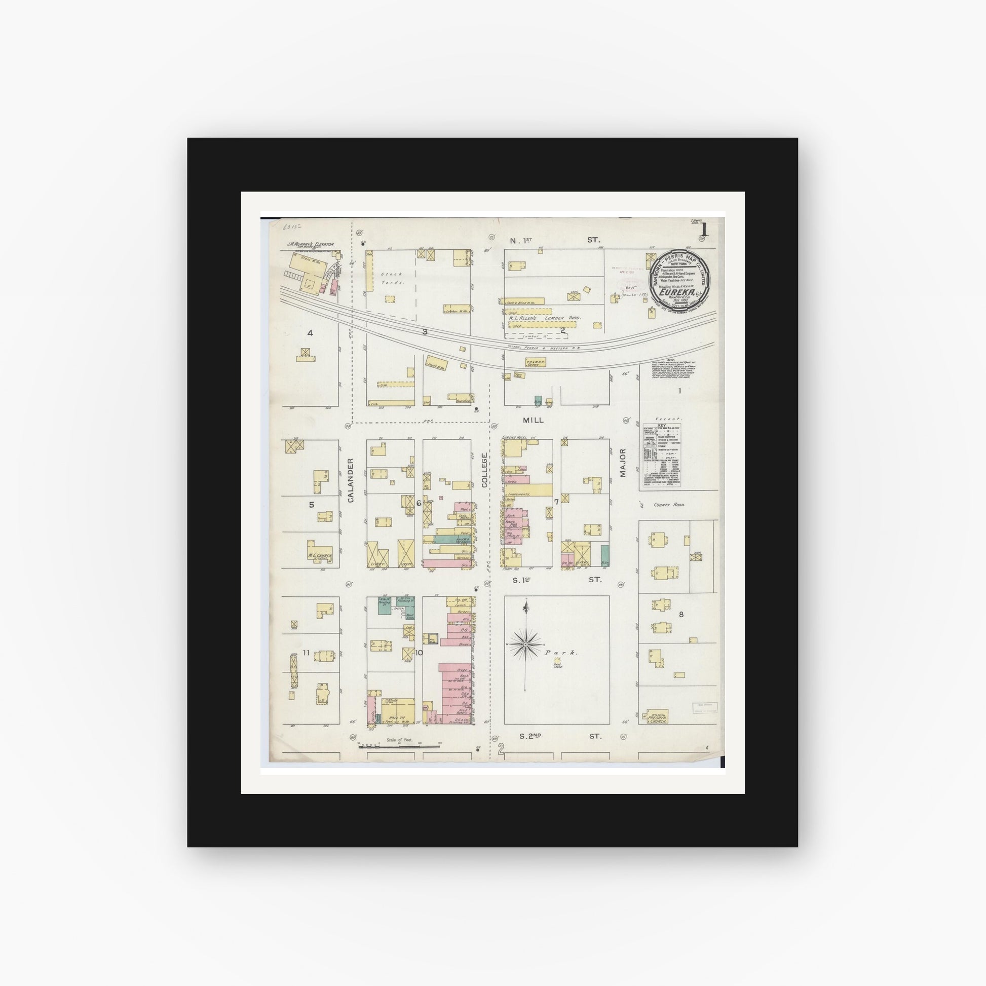 Old map wall art mockup — black gallery frame with white mat — Sanborn Fire Insurance Map from Eureka, Woodford County, Illinois (1892), Sheet #0001