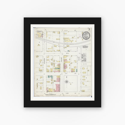 Old map wall art mockup — black gallery frame with white mat — Sanborn Fire Insurance Map from Eureka, Woodford County, Illinois (1892), Sheet #0001