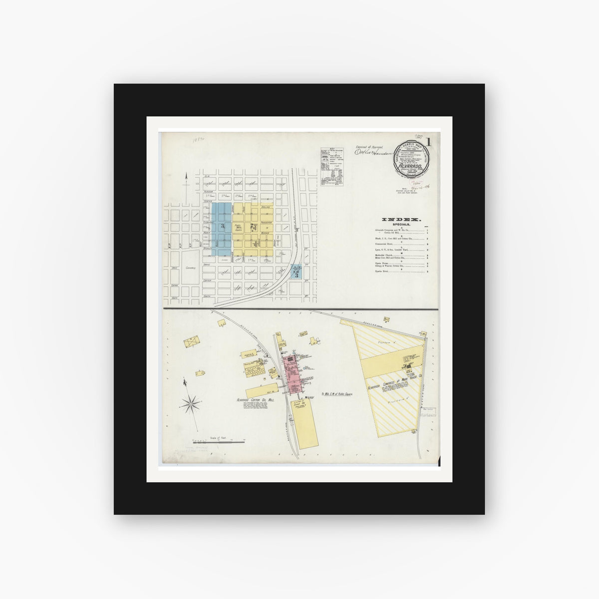 Old map wall art mockup — black gallery frame with white mat — Sanborn Fire Insurance Map from Alvarado, Johnson County, Texas (1896), Sheet #0001