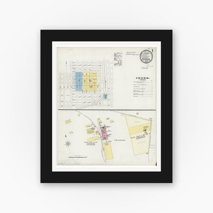 Old map wall art mockup — black gallery frame with white mat — Sanborn Fire Insurance Map from Alvarado, Johnson County, Texas (1896), Sheet #0001