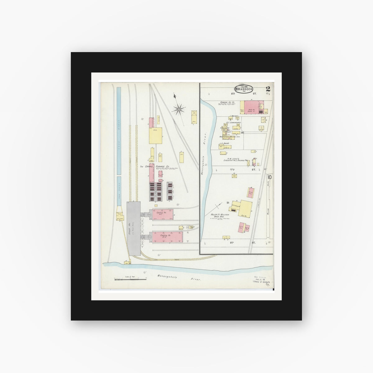 Old map wall art mockup — black gallery frame with white mat — Sanborn Fire Insurance Map from Braddock, Allegheny County, Pennsylvania (1896), Sheet #0002