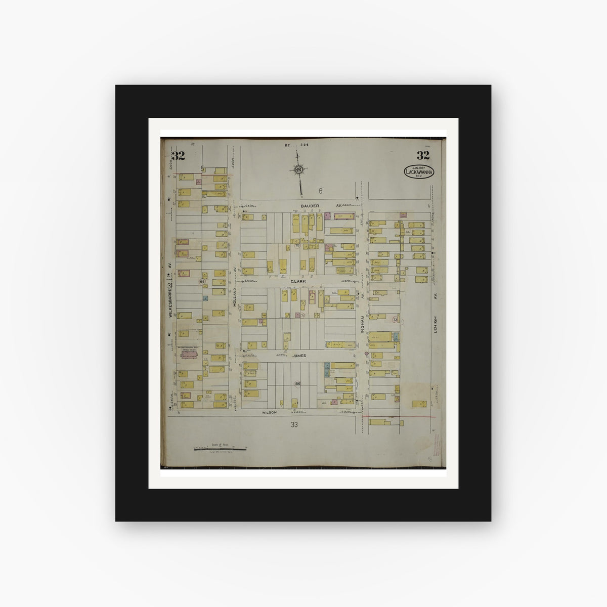Old map wall art mockup — black gallery frame with white mat — Sanborn Fire Insurance Map from Lackawanna, Erie County, New York (1950), Sheet #0032