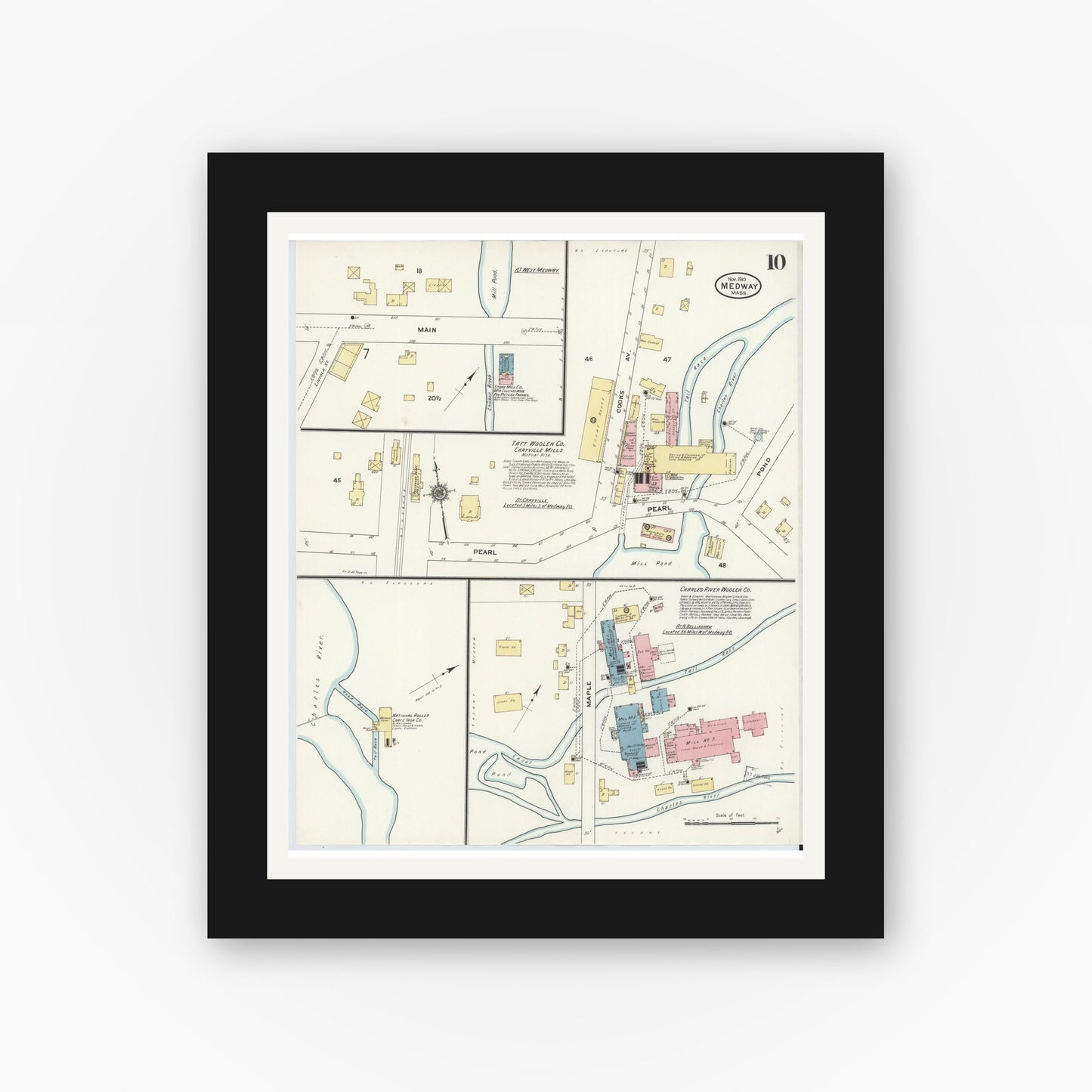 Old map wall art mockup — black gallery frame with white mat — Sanborn Fire Insurance Map from Medway, Norfolk County, Massachusetts (1910), Sheet #0010