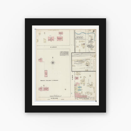 Old map wall art mockup — black gallery frame with white mat — Sanborn Fire Insurance Map from Oberlin, Lorain County, Ohio (1884), Sheet #0002