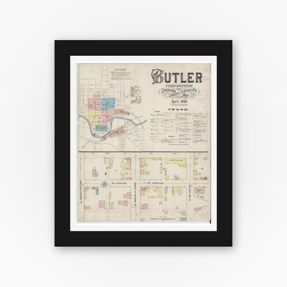 Old map wall art mockup — black gallery frame with white mat — Sanborn Fire Insurance Map from Butler, Butler County, Pennsylvania (1886) - Complete Map Set
